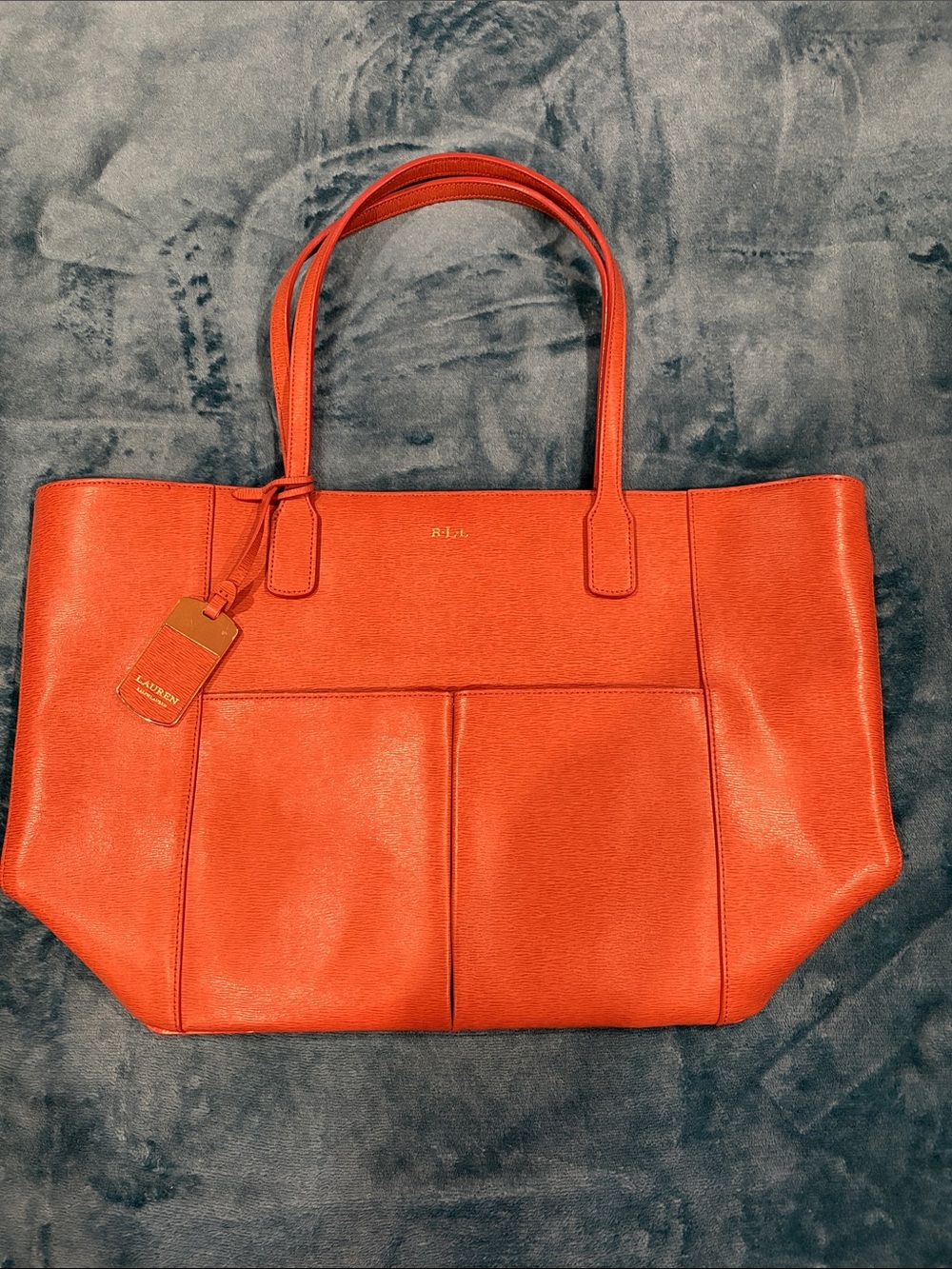 Ralph Lauren Orange-Red Leather Tote with Front Pocket